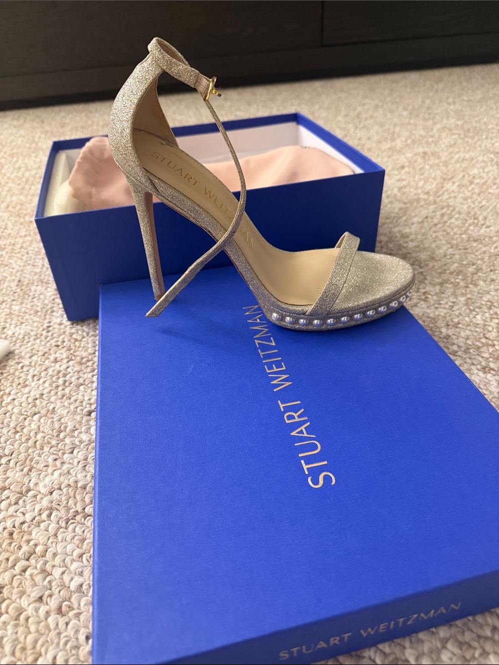 Stuart Weitzman Silver Glitter Platform Ankle-Strap Sandal Heel